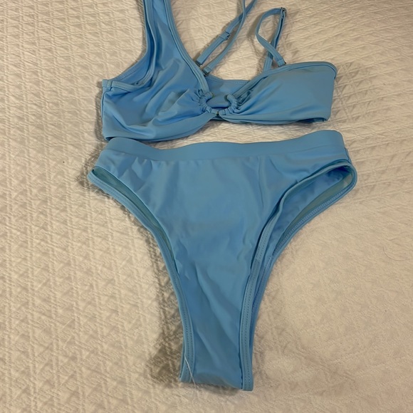 Sky blue women’s high waist retro convertible one shoulder 2 piece swim suit S - Picture 3 of 4